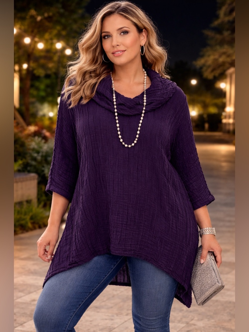 Grizas Purple Crinkled Tunic Top with Draped Collar
